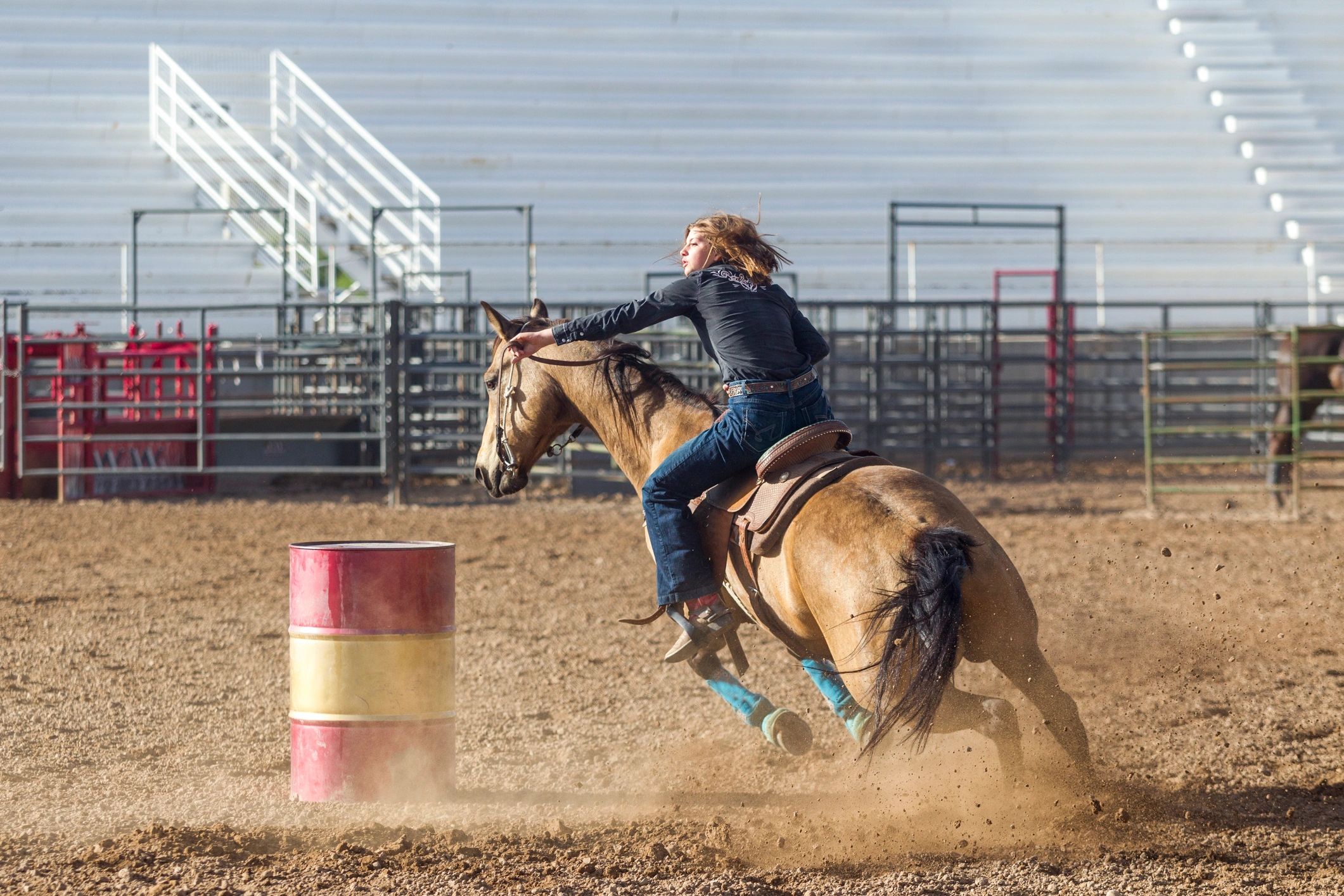 Rider on horseback in an outdoor rodeo arena